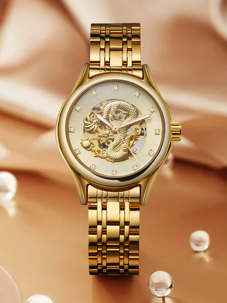 Skeleton Mechanical Watch - T-WINNER High-End-Luxus-Drachen-Damenuhr, Edelstahl, Skelett, mechanisch, Diamant,